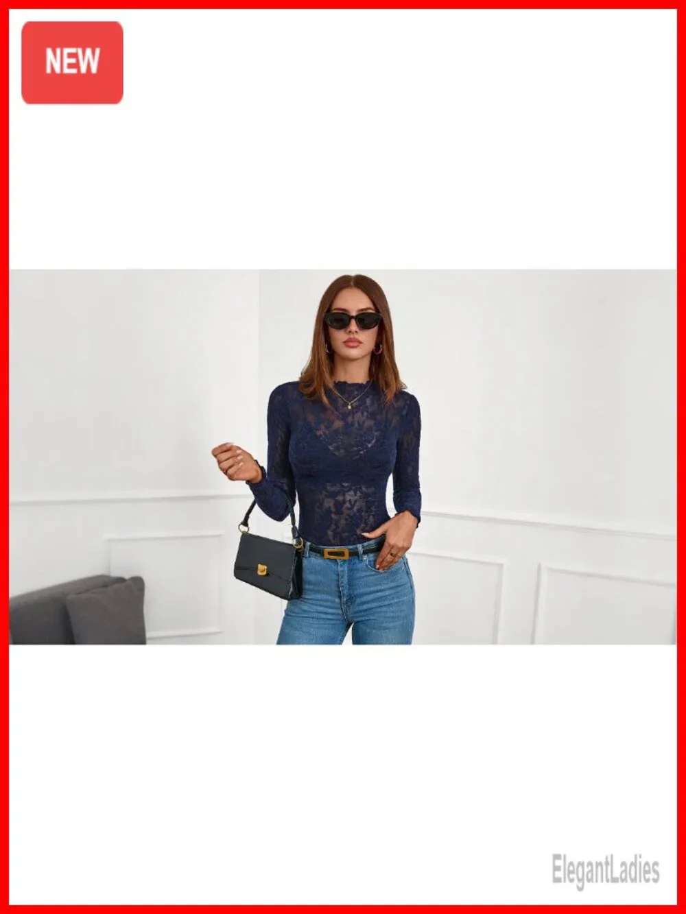 Mesh Long Sleeve Top Sheer See Through Crew Neck Lace Floral